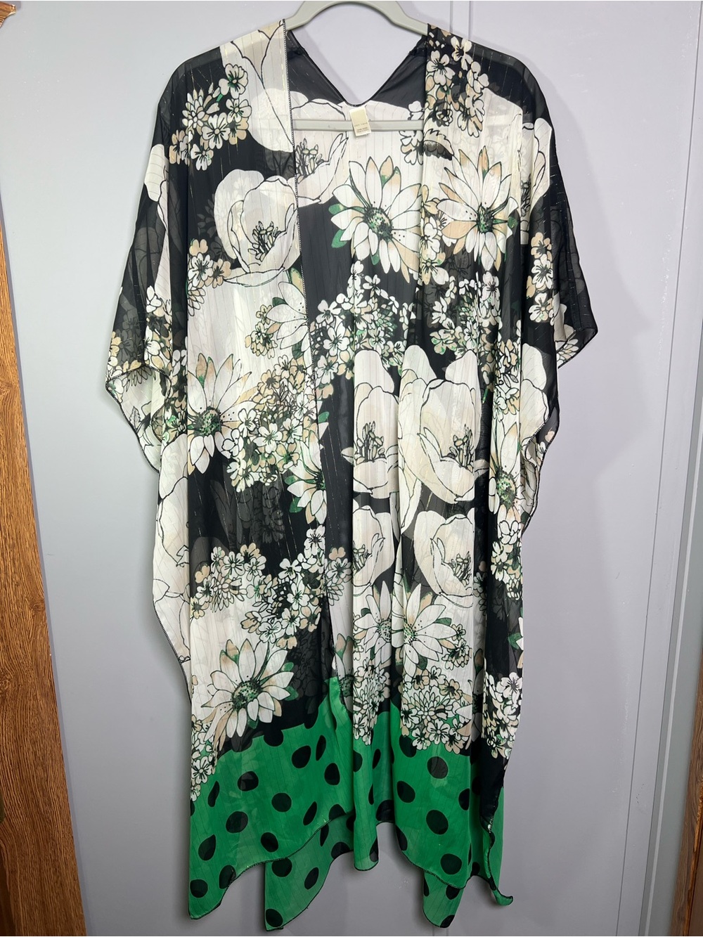 Cato Floral Kimono Cover Up Black White Green Polka Dot Short Sleeve One Size